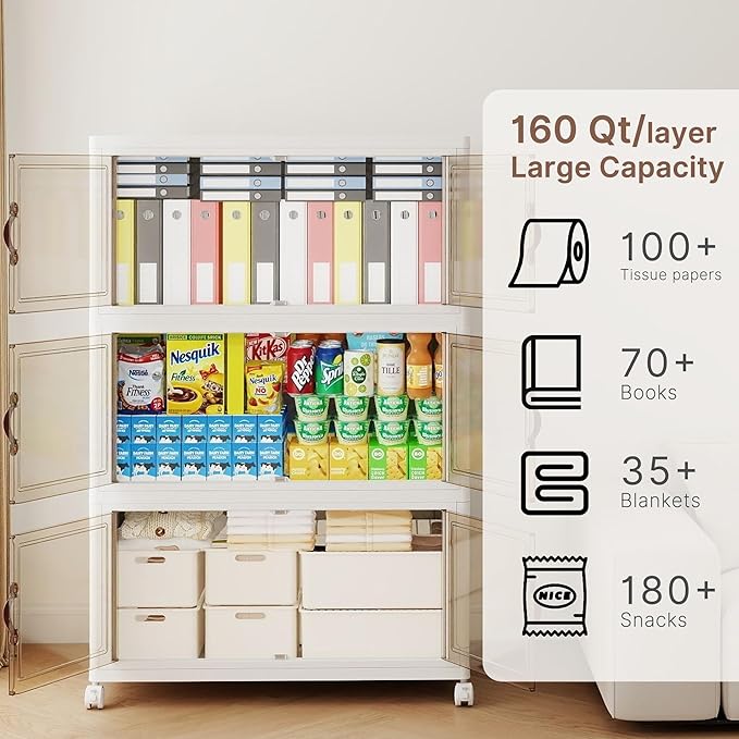660QT Extra Large Stackable Storage Bins with Lids & Wheels & Door, 165Gal Foldable Collapsible Closet Organizers, Plastic containers drawers for bedroom Dorm