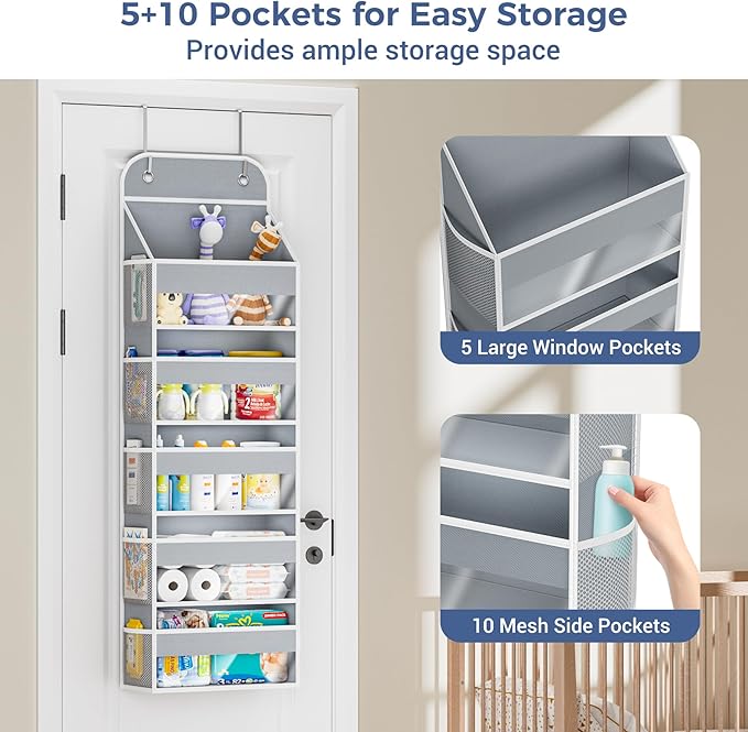 COOLBEBE 2 PC Over the Door Organizer, 5-Tier Organizer Hanging with Clear Window, Large Capacity Behind the Door Storage Organizer for Baby Nursery Bedroom Closet and Baby Essentials (Grey)
