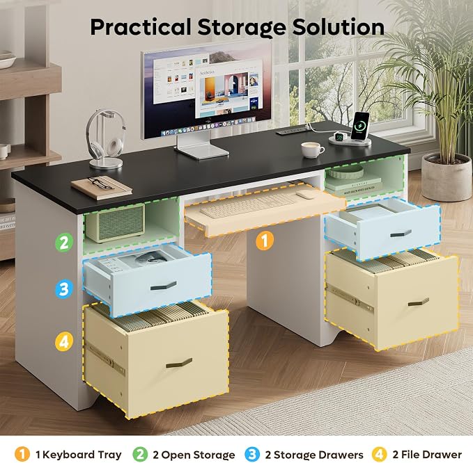 Bestier 59” Computer Desk with 4 Drawers, Charging Station, White | Office Desk with Storage, Modern Executive Desk with Keyboard Tray & Wooden Pedestals on Both Sides for Home Office & Studio
