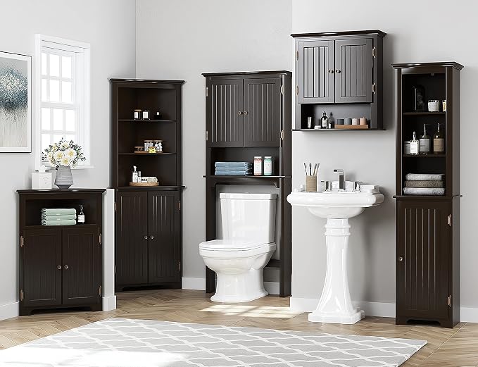 UTEX Above Toilet Storage Cabinet, Bathroom Organizer with Doors, Espresso | FSC-Certified MDF, Bathroom Space Saver with Adjustable Shelves, Beadboard Doors, Anti-Tip Bracket, Adjustable Bottom Rail