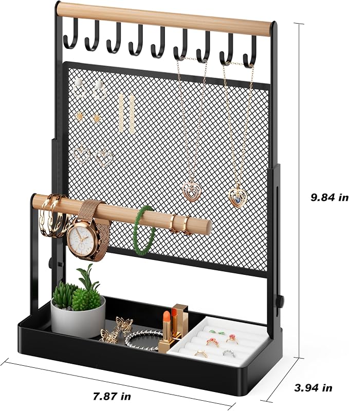 Jewelry Organizer Stand with Velvet Ring Holder, Liftable Necklace Holder with Earring Organizer Net, 9 Hooks Necklaces Storage Wooden Handing Bar for Bracelets Watches Rings (Black)