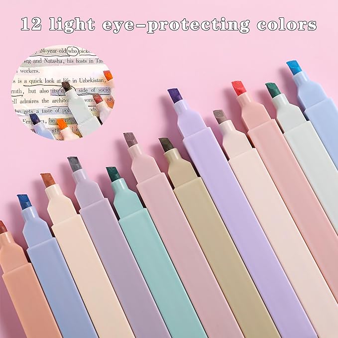46 Pcs Large Capacity Pencil Pouch with Aesthetic School Supplies, 12 Pastel Highlighters, 5 Black Ink Gel Pens, 6 Mechanical Pencils Set 0.5 & 0.7mm, Sticky Notes, Stationary Set for Student (Pink)