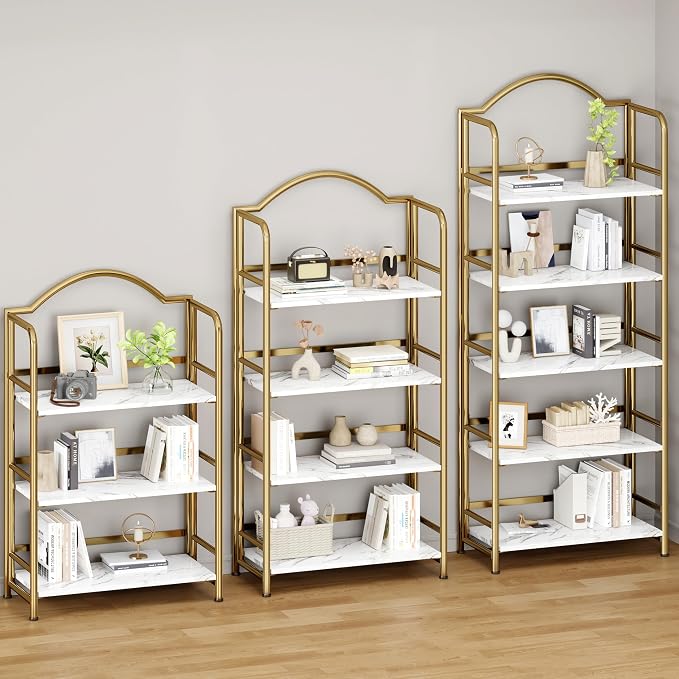 Gold Folding Bookshelf 4 Tiers, No Assembly,Vintage Storage Rack,White&Gold | Vintage Bookcase Multifunctional Plant Flower Stand, Storage Shelves Organizer for Home Office,Living Room,Dorm