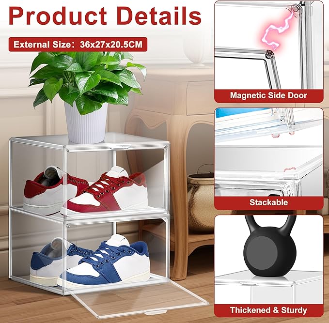 8 Pack Clear Shoe Boxes Shoe Organizer for Closet Size 12 Transparent Sneaker Display Case Stackable Storage Cubbies Grow Box with Magnetic Lid