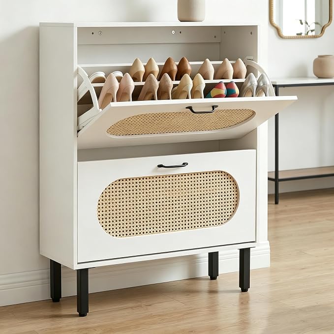 SUNCROWN 2 Flip Drawers Shoe Storage Cabinet, Freestanding Narrow Entryway Organizer, Natural Semi-Circular Rattan Doors, Adjustable Shelves & Anti-Tip Kit, White