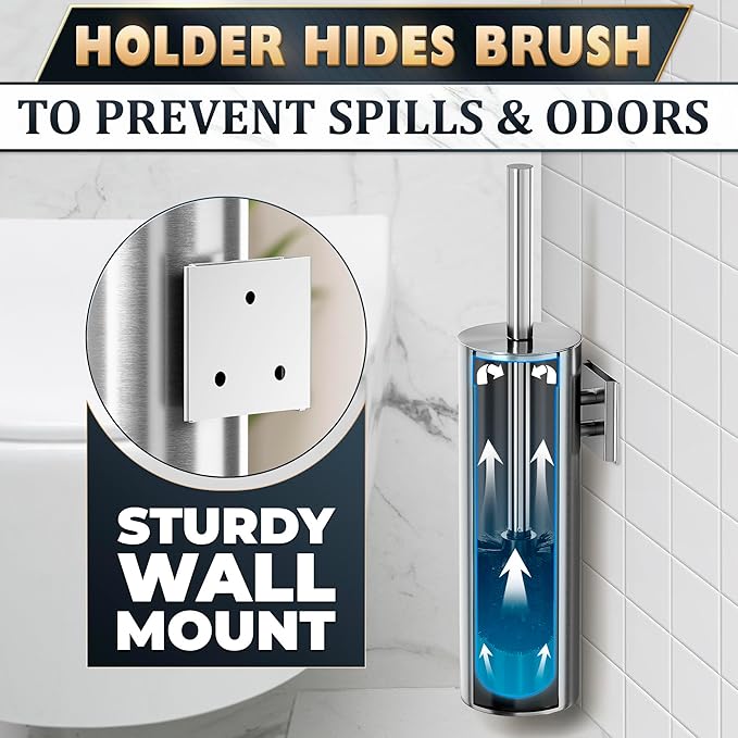 Wall Mounted Toilet Brush and Holder Set, Stainless Steel (Silver) | Stainless Steel Toilet Brush and Holder Set, Removable Inner Bowl, Dense Bristles, Rustproof, for Modern Bathroom Walls
