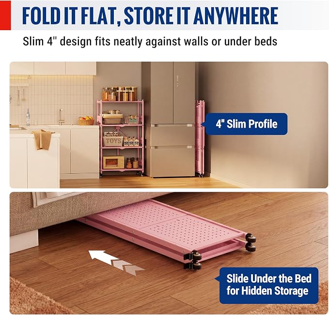 WORKPRO 4-Tier Folding Shelf, No-Assembly Metal Storage Rack with Wheels, 600 lbs Capacity (with Leveling Feet), Collapsible Shelving Unit for Kitchen, Pantry, Closet & Craft Shows - Pink