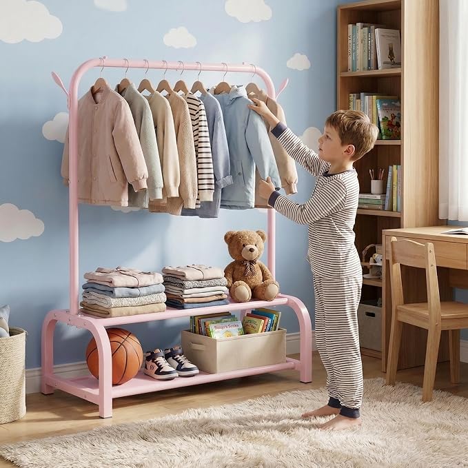 Kids Clothes Rack for Ages 3-6, Montessori Kids Clothing Rack, Pink | Kids Dress Up Rack with 2 Fabric Storage Shelves & Side Hooks, Toddler Wardrobe Rack for Costumes, Princess Dresses and Shoes