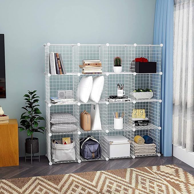 HUBSON Wire Cube Storage Organizer, Book/Toy/Craft/Potted Plants and petCloset Organizers and Storage Shelves, 20-Cube Freely Combinable Metal Grids Storage Shelf, White Iron
