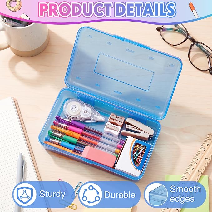 Blulu 6 Pack Large Plastic Pencil Case Box Clear Pencil Boxes Bulk Hard Crayon Box Storage with Snap Lids 8.1 x 4.7 x 2.2 Inch Painting Organizer Classroom Stationery School Supplies (Pink Blue)