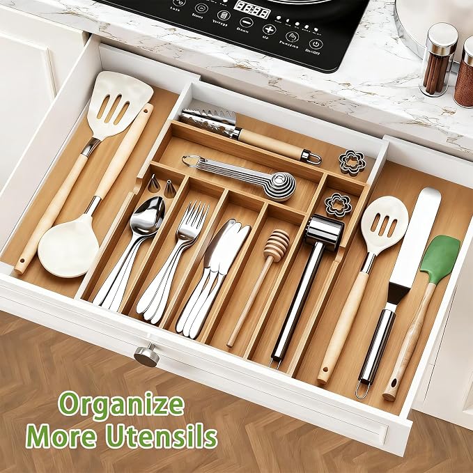 Bamboo Expandable Silverware Drawer Organizer, Adjustable Utensil Tray Cutlery Holder for Kitchen Drawer, Flatware Storage Organizer for Spoons, Forks and Knives, Natural (8 Slot,)
