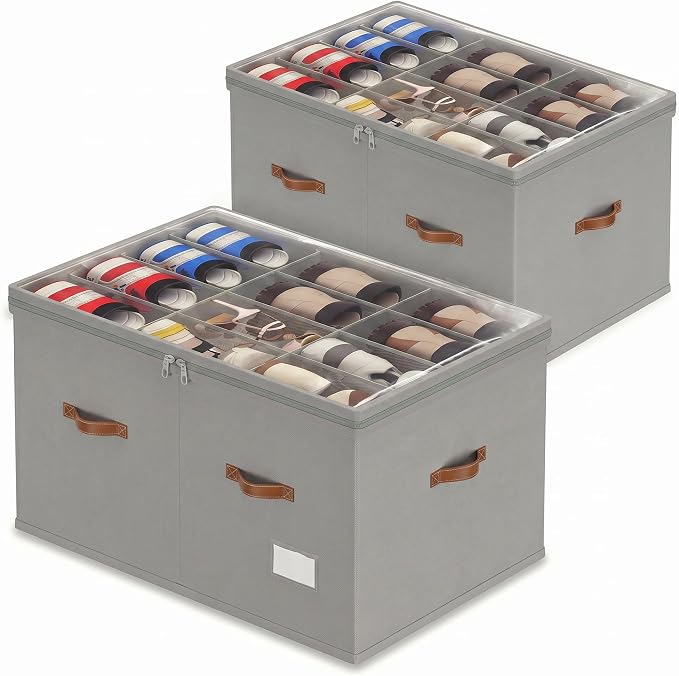 Shoe Organizer for Closet, 2 Pack Shoe Storage Bins Foldable Shoe Storage Box Containers with Clear Cover and Sturdy Handles, Shoe Rack for Closet Storage for Sneakers Heels Slippers, Fit 12-24 Pairs