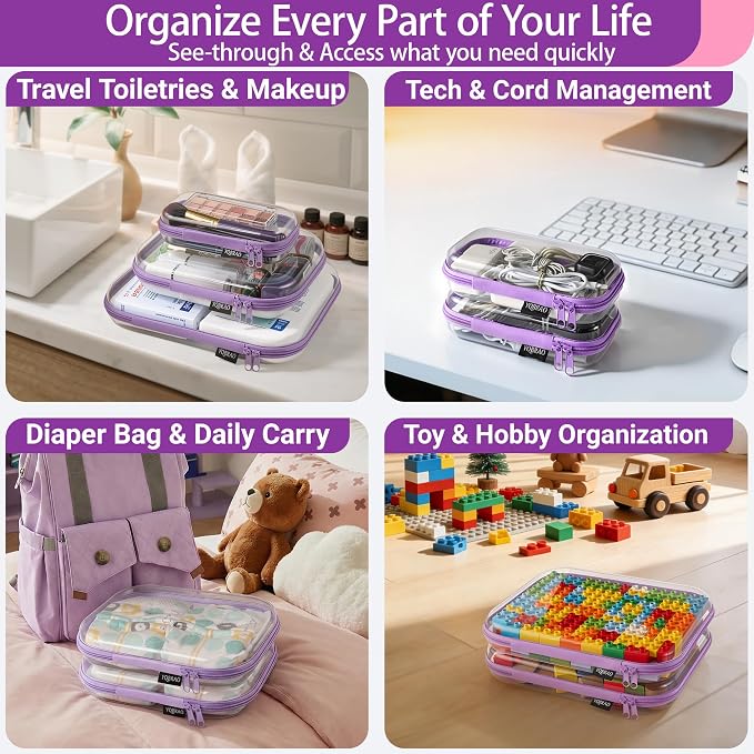 YQBRAO Clear Hard Shell Organizer Case Set, 3-Pack, Purple | Large, medium & small rigid PET organizers for crafts, travel, beauty and everyday storage