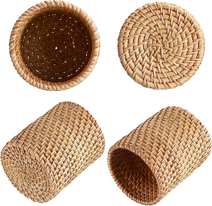 BTSKY 3 Pack Rattan Pen Cup, Handmade Desk Pencil Holders Makeup Brush Holder Multi-Functional Woven Basket Office&Home Desktop Organizer (Cylinder)