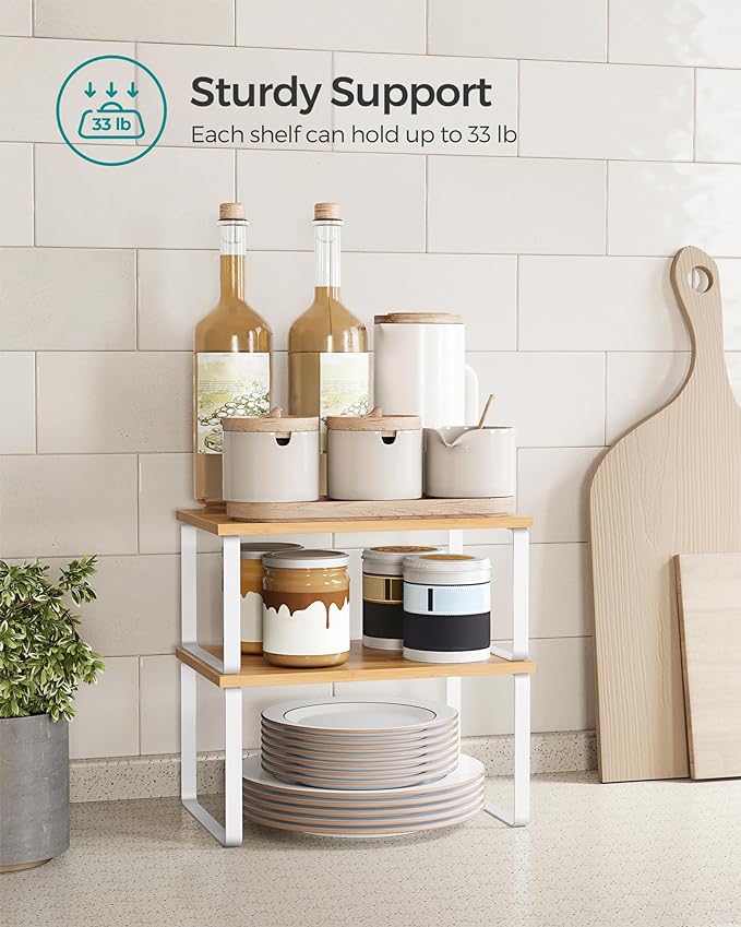 SONGMICS Cabinet Organizer Shelf, Set of 2 Kitchen Counter Shelves, Kitchen Storage, Spice Rack, Stackable, Expandable, Metal and Engineered Wood, Cloud White and Natural Beige UKCS02NW (Pack of 2)