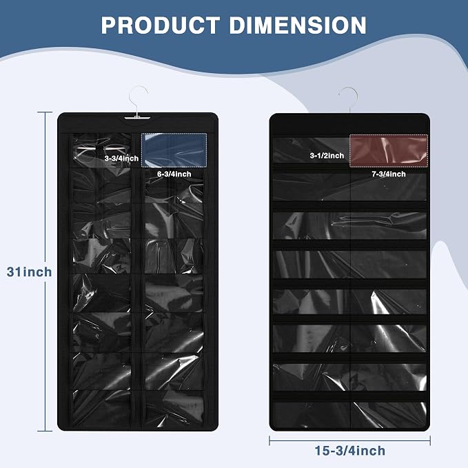 Hanging Sunglasses Organizer and Storage, 32 Slots Jewelry Holder, Black | Protect eyewear from dust with double-sided clear compartments; roof design hangs on wall, door or closet for home/RV travel.