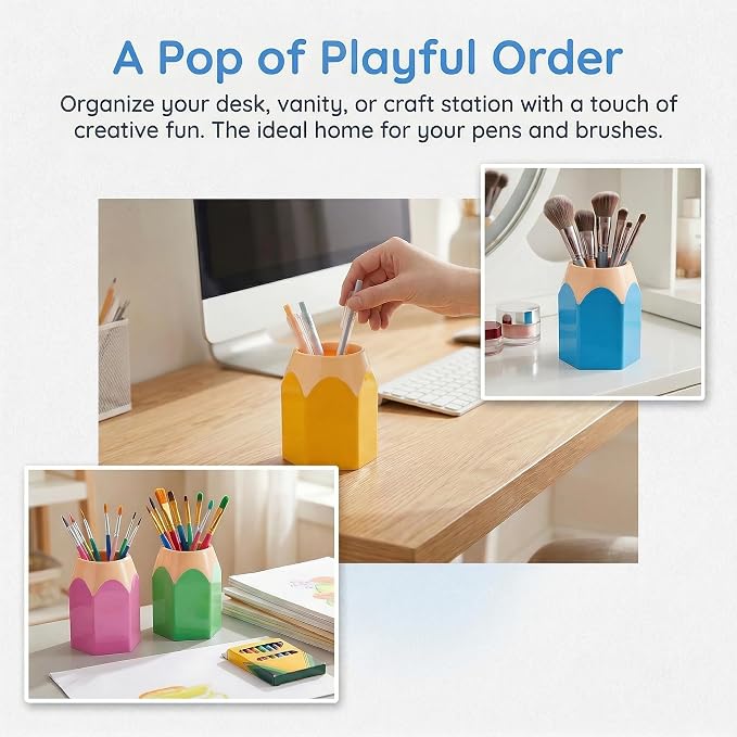 6pcs Pencil Shaped Pen Holders, Cute Desktop Pencil Cup & Makeup Brush Container - Creative Stationery Storage Organizer for Office & Home Decor, Durable Pen Cups, Colorful Containers