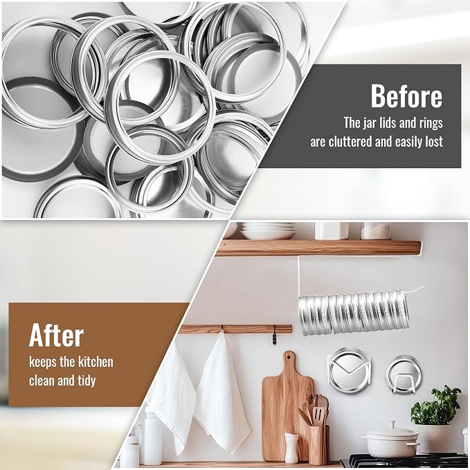 Dreyoo 4 Pcs Mason Jar Lid Organizer, Canning Jar Lids & Rings Holder | Holds Up to 38 Lids and 34 Rings, Come With Adhesive-Backed,Easy to Slide-On Cabinet, Stainless Steel and Iron (White)