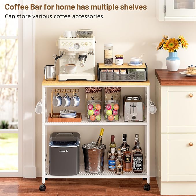3 Tier Rolling Kitchen Microwave Cart, 33 Inch Microwave Table Stand with Adjustable Shelf, Kitchen Storage Island Utility Cart on Wheels, Bakers Rack Coffee Bar for Living Room, Office, White
