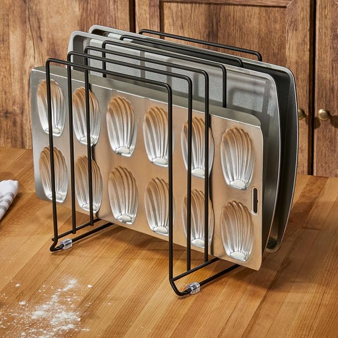 mDesign Large Metal Wire Organizer Rack for Kitchen Cabinet, Pantry, Shelves - Holder with 8 Slots for Baking Sheets, Skillets, Frying Pans, Pots, Lids, Cutting Boards, and Appliances - Black