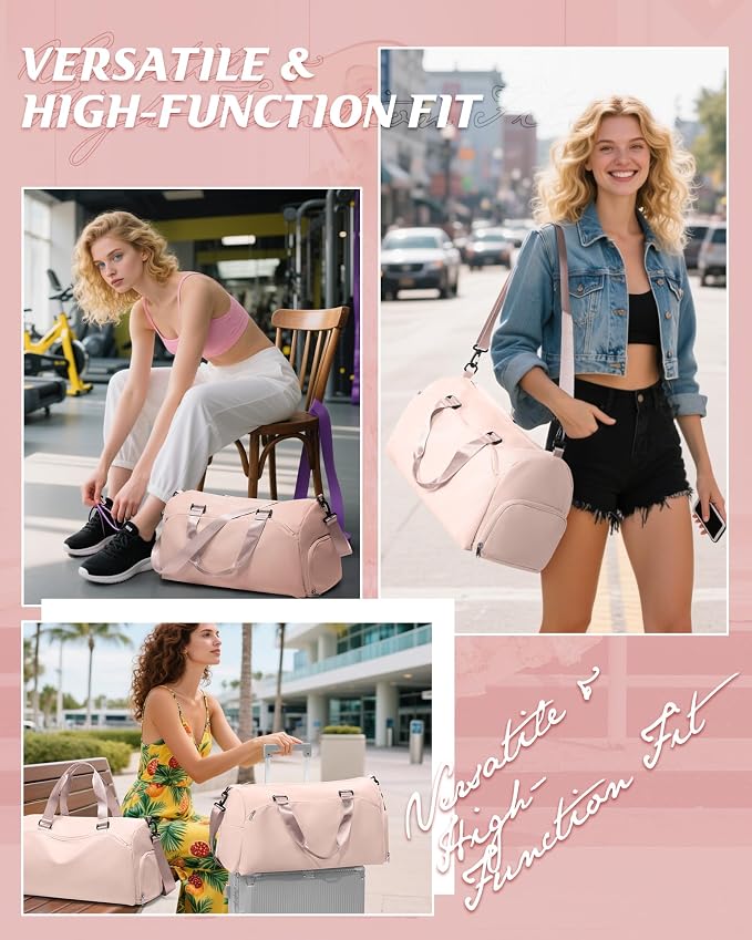 Gym Bag for Women with Shoe Compartment Lightweight Travel Duffle Bags Carry on Bag Overnight Weekender Duffel Bag with Wet Pocket Personal Item Travel Bag Tote Bag Workout Dance Bag Pink