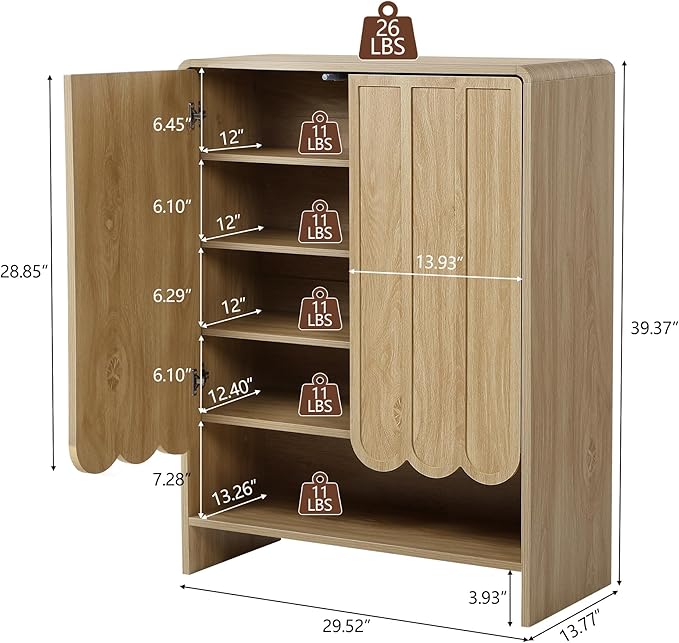 ORRD Shoe Storage Cabinet with Scalloped Doors, 5-Tier Wooden Shoe Cabinet with Adjustable Shelves, Shoes Rack Storage Organizer for Entryway, Hallway, Living Room, Natural