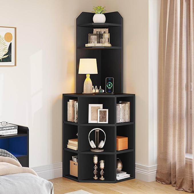 YITAHOME Corner Shelf with USB Ports & Outlets, Industrial Corner Storage Cabinet Rack Charging Station, Wooden Display Bookshelf Bookcase for Living Room, Bedroom, Dining Room, Kitchen, Black