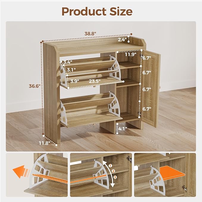 Mericonia Shoe Cabinet Storage for Entryway with 2 Flip Drawers(3-Tier), Rattan Freestanding with Door & 3 Adjustable Shelve,Hidden Shoe Rack Organizer for Hallway, Foyer