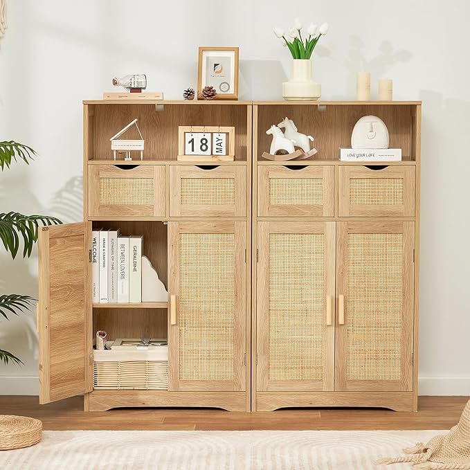 Iwell Storage Cabinet with 2 Drawers & Adjustable Shelves, Rattan Cabinet, Kitchen Pantry Cabinets, Cupboard for Living Room, Kitchen, Home Office, Natural SNG008NR