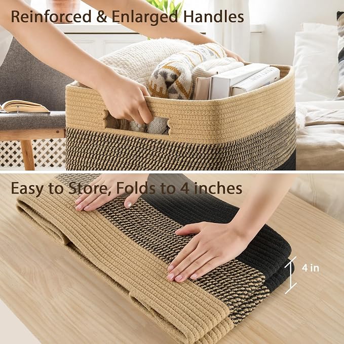 Optish 95L Large Blanket Basket, Woven Storage Baskets with Reinforced Handles, Rope Laundry Basket for Living Room, Bedroom, Nursery, Toys, Clothes,Pillows, 24” x 17” x 13.5”, Black & Brown