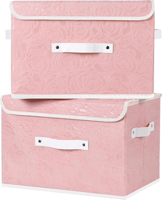 ANMINY 4PCS Fabric Storage Bin with Lid Rose Print Storage Box Basket with PU Leather Handles Washable PP Plastic Board Decorative Foldable Lidded Shelf Cubes Closet Organizer - Pink, Large Size