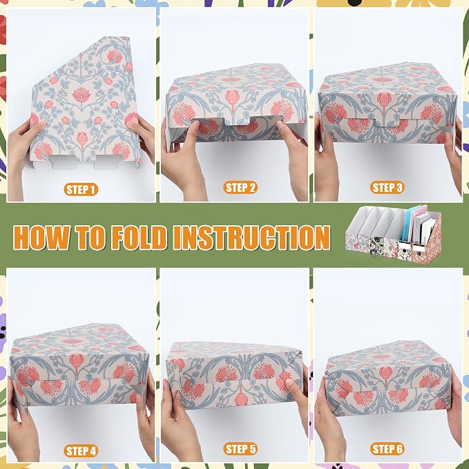 PerKoop 6 Pcs Decorative Magazine File Holders Floral Foldable File Folders Magazine Storage Boxes Rack Desk Organizer Documents with Printable Labels for School Office Home (Floral)