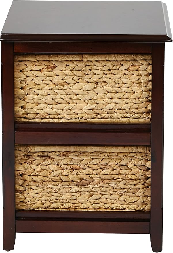 OSP Home Furnishings Seabrook Storage Tower with Solid Wood Frame and Natural Baskets, 2-Drawer, Espresso Finish
