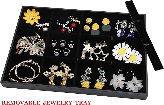Stratalife 12 Grid Jewelry Organizer Tray, Stackable Drawer Earring Organizer with Adjustable Dividers, Jewelry Display Tray for Necklace Earring Ring Bracelet, 13.8" x 9.4" x 1.2", Black