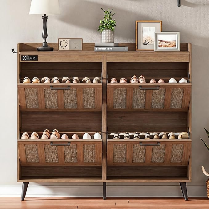 ChooChoo Shoe Storage Cabinet with 4 Flip Drawers, Deodorizing Shoe Organizer Storage for Entryway, Freestanding Hidden Slim Narrow Shoe Rack Cabinet, Rustic Oak