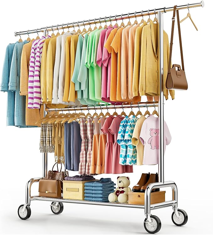 Heavy Duty Clothes Rack Load 860LBS, Double Rods Rolling Clothing Racks for Hanging Clothes, Rolling Garment Rack With Sturdy Wheels Shelves, Portable & Adjustable Commercial Garment Rack, Chrome