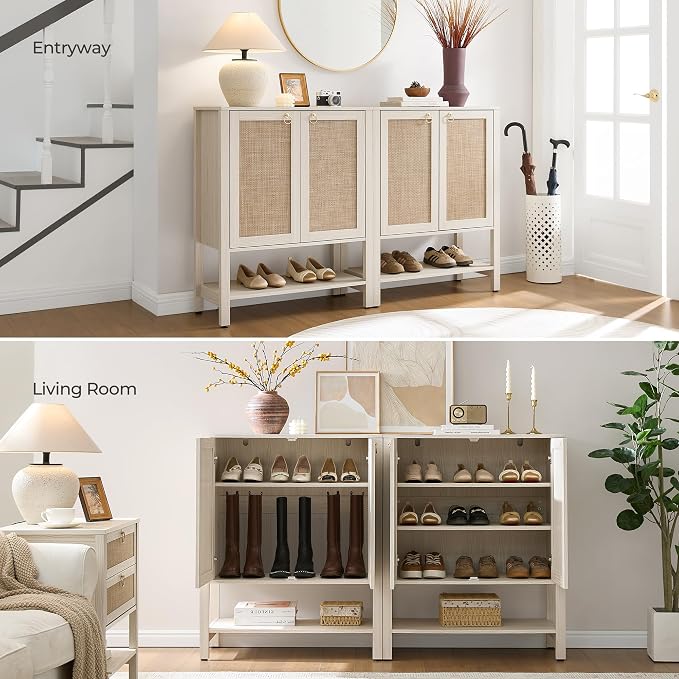 SICOTAS Shoe Cabinet with Storage - 3 Pieces Farmhouse Shoe Organizer with Rattan Doors & Shelves, 5 Tier Free Standing Shoe Rack Storage Cabinet for Entryway, Living Room, Closet (White Cream Oak)