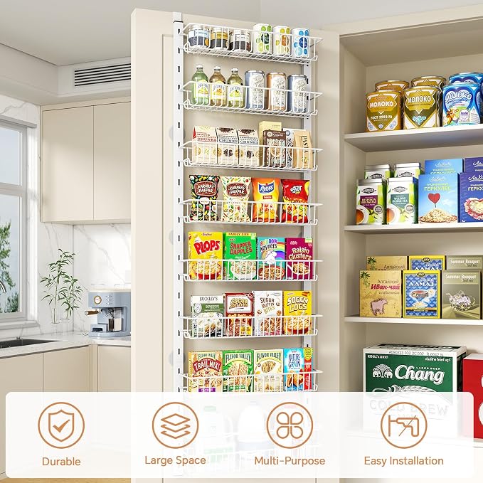MIAOLI Over the Door Pantry Organizer, 8-Tier Adjustable Spice Rack Cabinet Door Shelves, Hanging Seasoning Organizer for Kitchen Bathroom, Laundry Room Organization, White