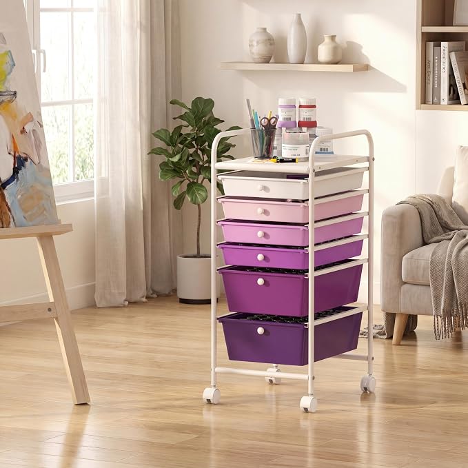 GOFLAME 6-Drawer Rolling Storage Cart, Multifunctional Art Craft Organizer Cart, Mobile Utility Storage Cart with Removable Drawers & Lockable Wheels, Craft Cart for Home Office, Purple Gradient