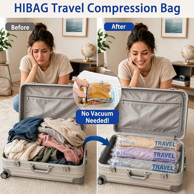 Compression Bags for Travel Essentials, Roll Up Bags No Vacuum Needed | for Cruise Flight, Extra Thick, Luggage Size Carry-on Suitcase Backpack, Waterproof