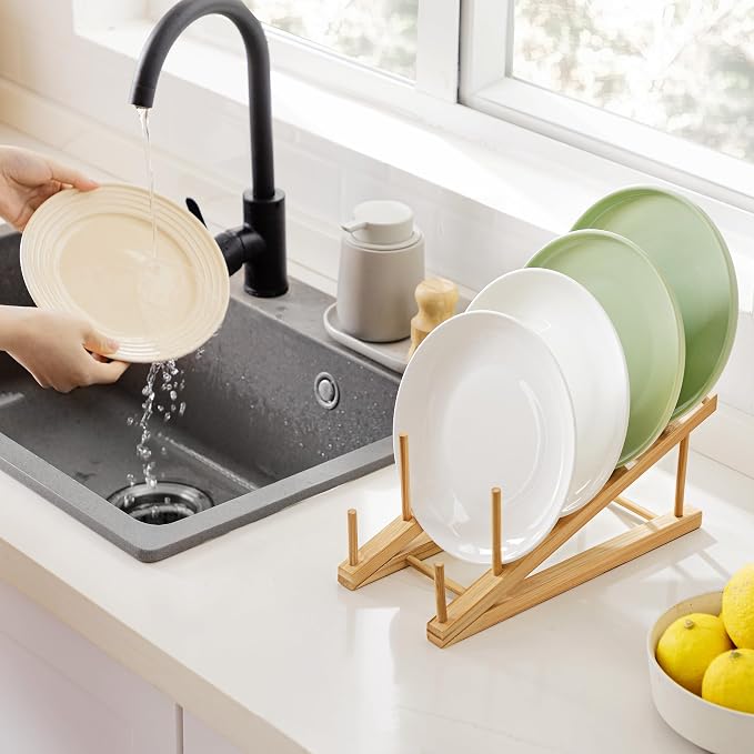 HBlife Step Bamboo Wooden Dish Drying Rack Kitchen Plate Display Stand | Plate/Dish/Book/File/Bowl/Cup/Cutting Board/Pot Lid Organizer, For Home & Kitchen Counter, Office, Display Cabinet