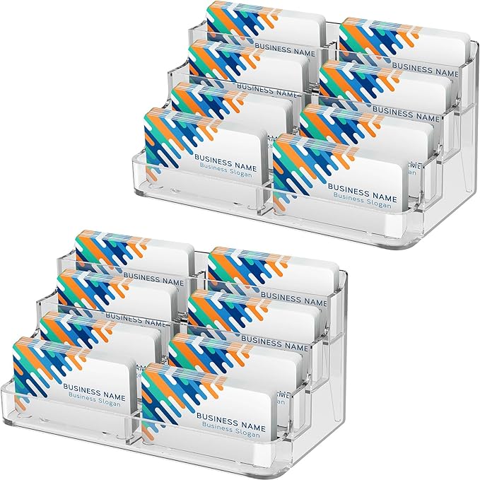 MaxGear 2 Pack Acrylic Business Card Holder, Card Display Stand, 8 Pockets | 4-Tier Freestanding Design, Clear Acrylic Construction, Fits Standard Business Cards for Reception, Office and Countertops