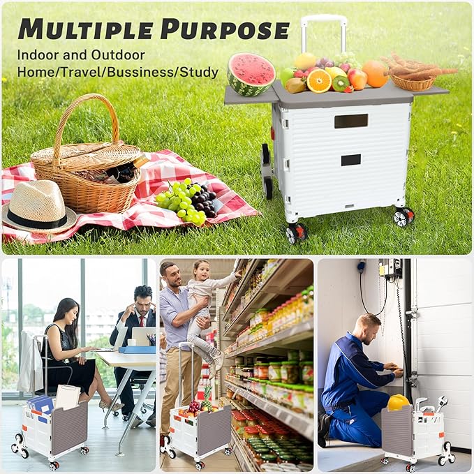 Foldable Utility Cart Collapsible Portable Crate Rolling Carts with Stair Climbing Wheels Tote Basket with Magnetic Lid Telescopic Cover Wear-Resistant 360°Rotate Wheel Noiseless for Shopping Office