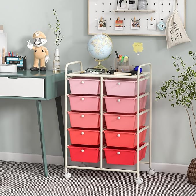 BECOMFORT 10-Drawer Rolling Cart with Drawers, Storage Cart on Wheels, Teacher Classroom Organizers with Metal Frame, Mobile Craft Cart, Trolley Utility Cart for School Office Play Room