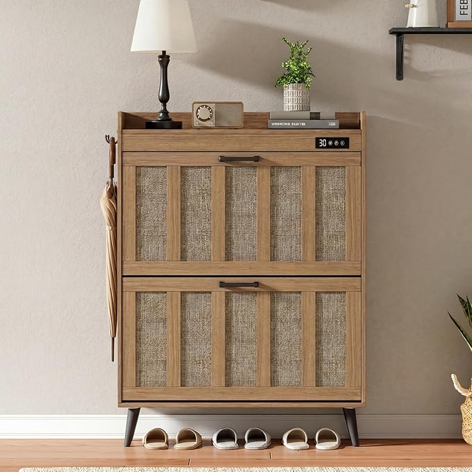 ChooChoo Shoe Storage Cabinet with 2 Flip Drawers, Deodorizing Shoe Organizer Storage for Entryway, Freestanding Hidden Slim Narrow Shoe Rack Cabinet, Rustic Oak