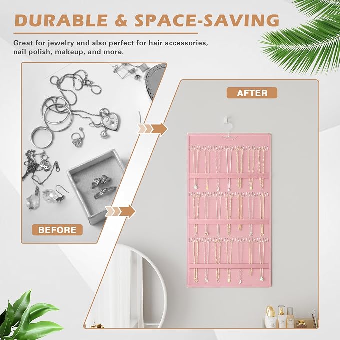 Hanging Jewelry Organizer, Double-Sided Necklaces Holder, Pink | 42 clear pockets organize rings & earrings; 36 wire necklace hooks reduce tangles; top hook hangs in closets, walls or doors.
