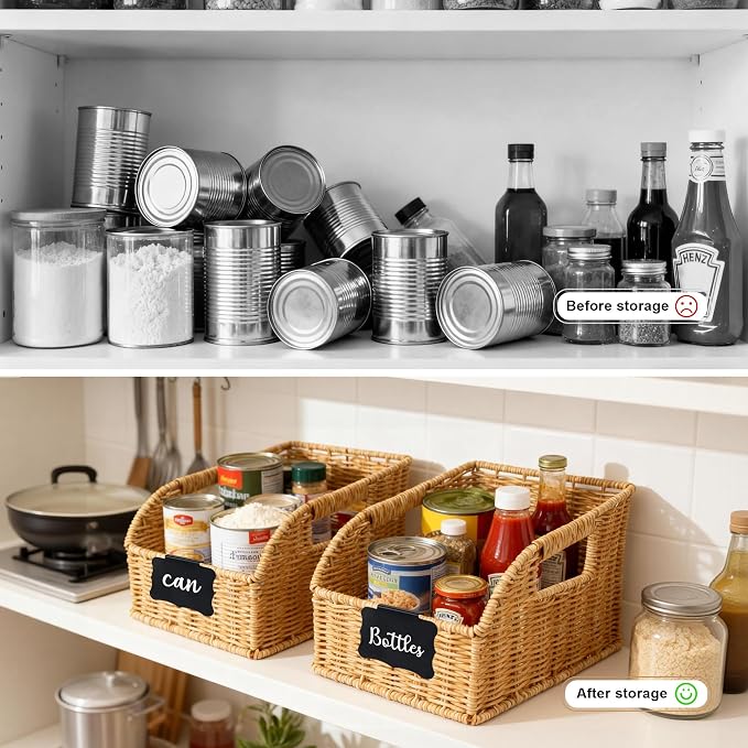 Brownlily Wicker Pantry Storage Baskets with Chalkboard,Handwoven Baskets for Organizing with Built-in Handles, All-Purpose Storage Bins for Shelves, Laundry Room, Natural-Double Set Bundle (6-Piece)