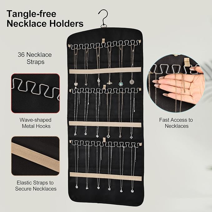 Hanging Jewelry Organizer Storage Roll with 39 Clear Pockets Double-Sided Foldable, Necklace Organizer Tangle Free, Travel Jewelry Holder for Earrings, Rings, Bracelets, Hanging on Closet, Wall, Door