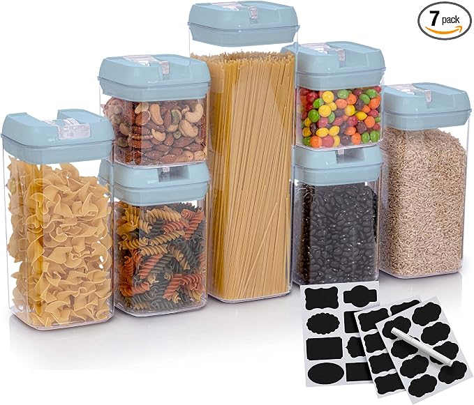 Set of 7 Airtight Food Storage Containers - Pantry Organizer Bins, BPA Free Plastic Containers plus Dry Erase Marker and Labels, Blue