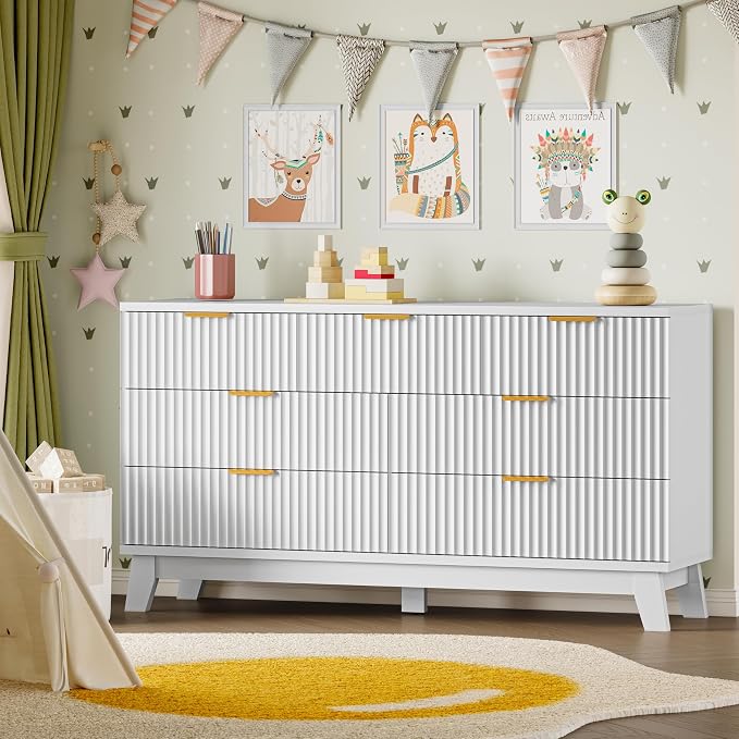 BORNOON Fluted 7 Drawer Dresser, 47.2" Wide Modern Boho Chest of Drawers, Wooden Storage Dresser TV Stand for Bedroom, Living Room, Closet, Hallway, Curved Profile Design